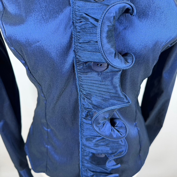 Samuel Dong Blue Satin Wired Ruffle Button Top Blouse Stretch Artsy Chic Size 8 - Picture 4 of 13